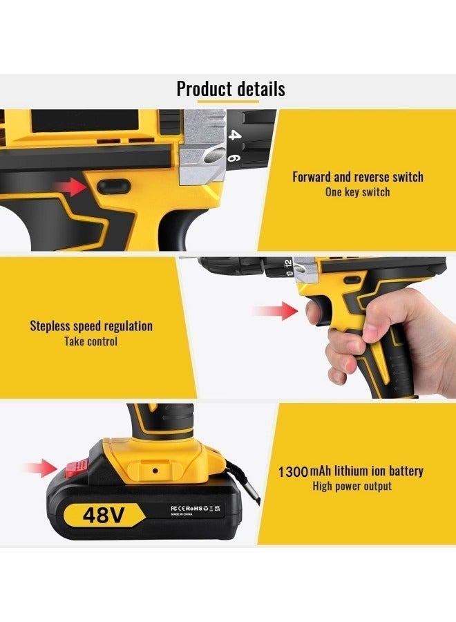 ALongDeng 48V Cordless Drill Set Power Drill Kit with 1PCS Battery 25 Position 2 Variable Speed 3/8'' Keyless Chuck Fast Charger and 24 Pcs Accessories with Case - Image 3